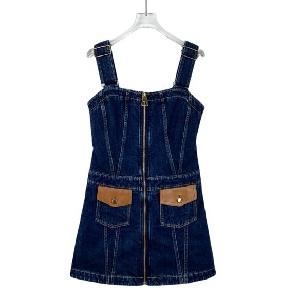 FW0181 Louis Vuitton Dark Blue Pocket Zipper Strap Denim Dress Size 34 XXS Brand